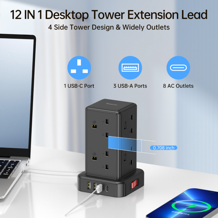 8 Way Surge Protected Extension Lead with USB Slots and 2M Cable